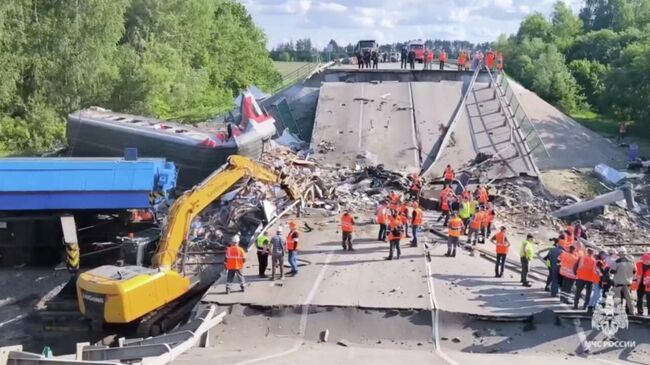 Аварийно-спасательные работы на месте обрушения моста в Брянской области
