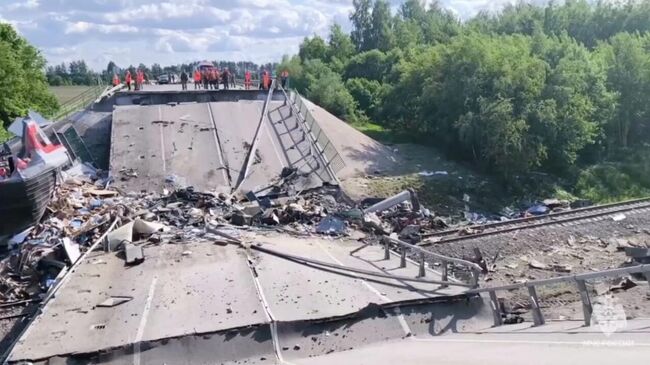 Аварийно-спасательные работы на месте обрушения моста в Брянской области