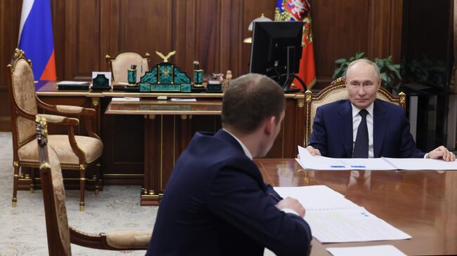 Президент РФ Владимир Путин во время встречи с министром природных ресурсов и экологии Александром Козловым