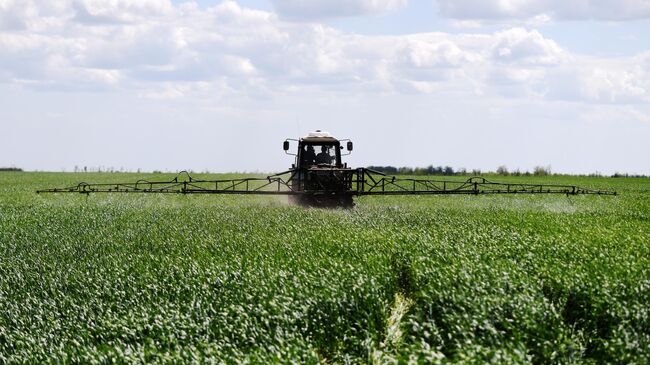 Обработка озимых культур от вредителей на одном из полей в Запорожской области