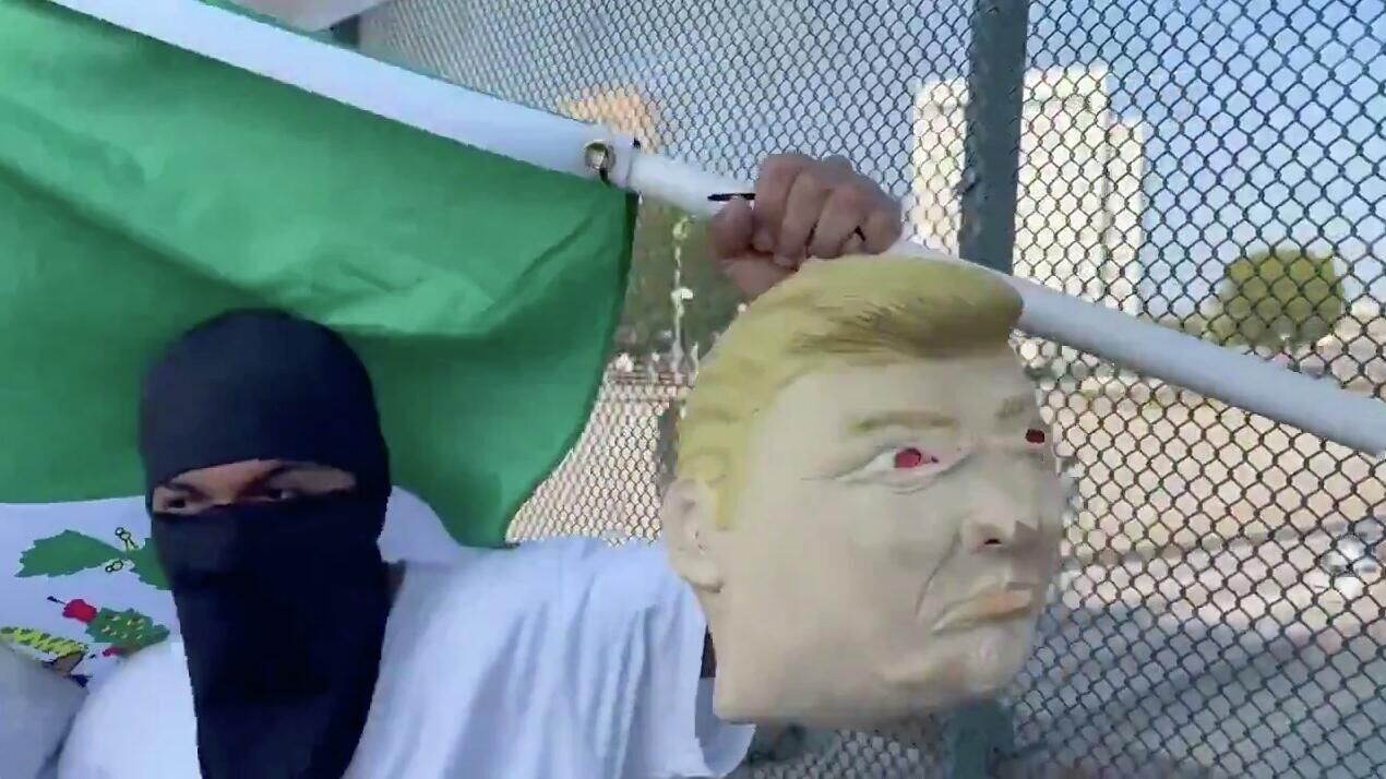 Протестующий машет самодельной головой Трампа  - РИА Новости, 1920, 09.06.2025