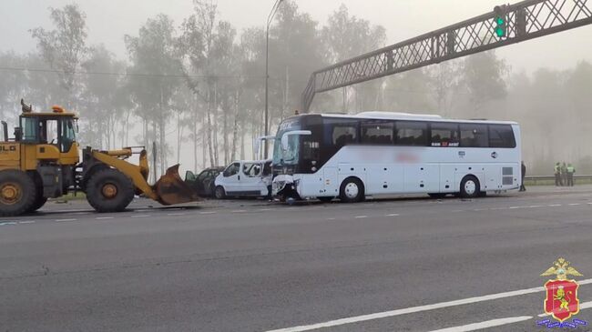 Две легковушки, минивэн и автобус столкнулись во Владимирской области, 3 человека погибли, 7 пострадали. Кадр из видео