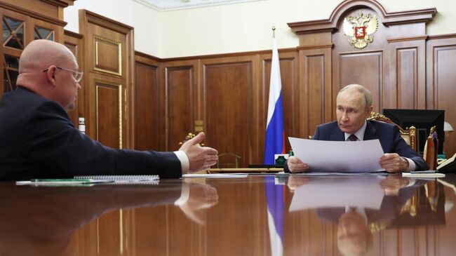 Президент РФ Владимир Путин и губернатор Севастополя Михаил Развожаев во время встречи