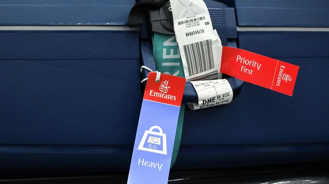 Бирка на багаже туристов, задержавшихся в Объединенных Арабских Эмиратах, доставленных рейсом авиакомпании Air Arabia в аэропорт Домодедово