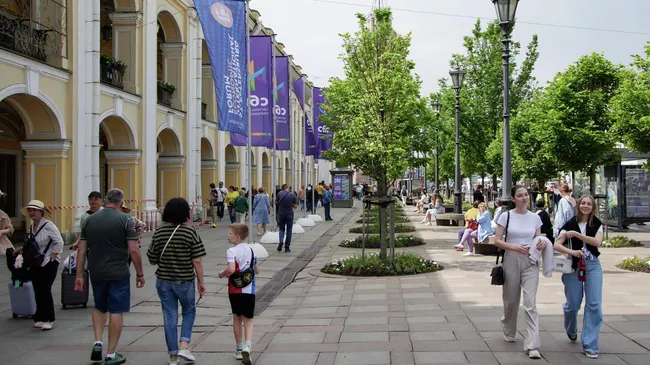 Баннеры с символикой Петербургского международного экономического форума у здания Гостиного двора в Санкт-Петербурге