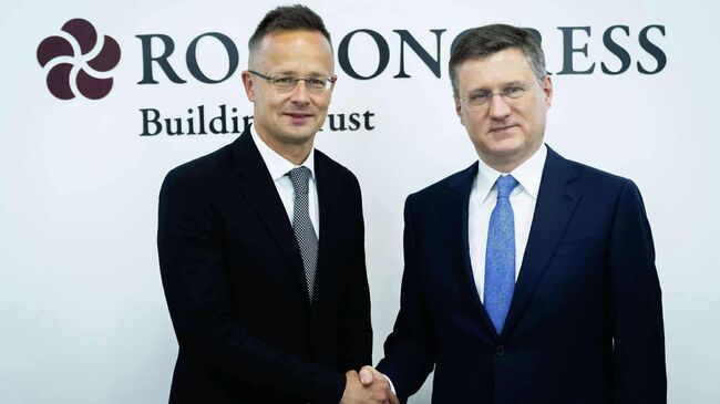 Вице-премьер РФ Александр Новак и глава МИД Венгрии Петер Сийярто во время встречи на полях ПМЭФ-2025