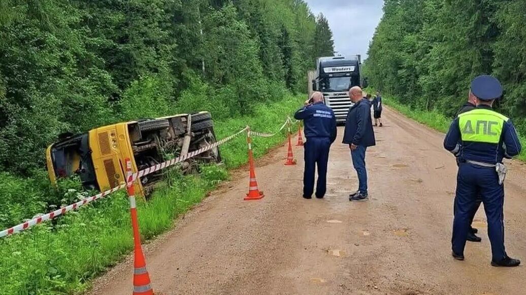 © Фото :  администрация Окуловского муниципального района<br>Автобус с детьми съехал в кювет в Новгородской области