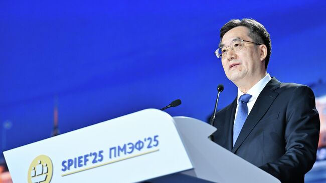 Заместитель премьера Государственного совета Китайской Народной Республики Дин Сюэсян на пленарном заседании XXVIII Петербургского международного экономического форума