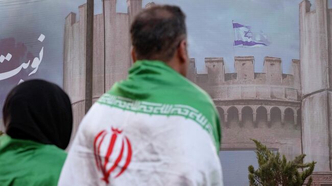 Мужчина с флагом Ирана в Тегеране