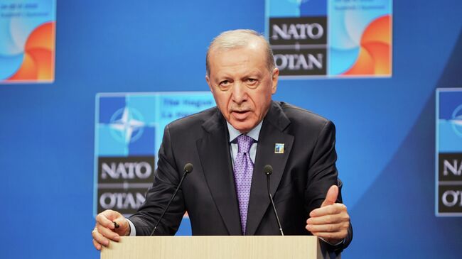 Президент Турции Реджеп Тайип Эрдоган на пресс-конференции по итогам участия на саммите НАТО в Гааге