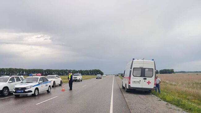 Сотрудники полиции работают на месте ДТП в Алтайском крае, в котором погибли люди