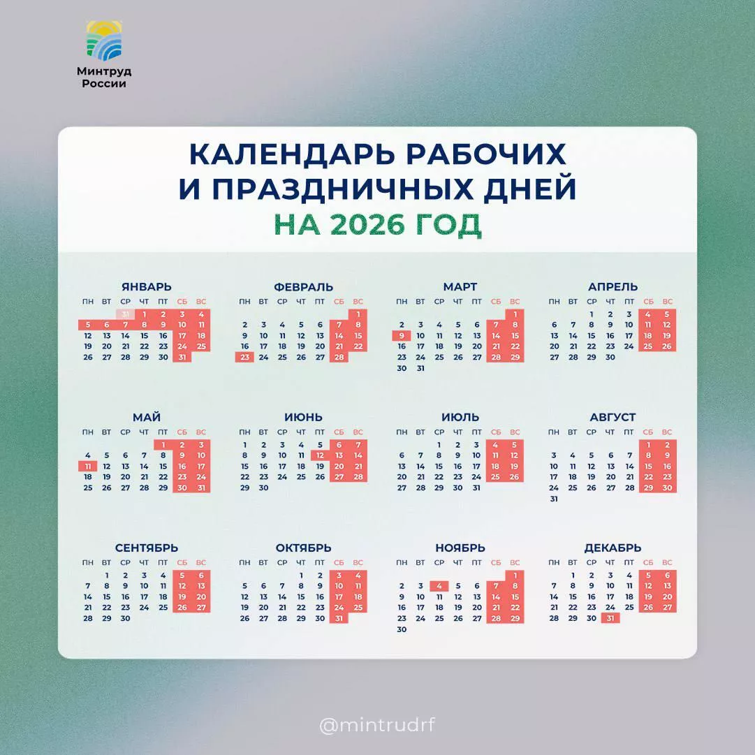 Календарь рабочих и праздничных дней на 2026-й год Календарь рабочих и праздничных дней на 2026-й год - РИА Новости, 1920, 01.07.2025