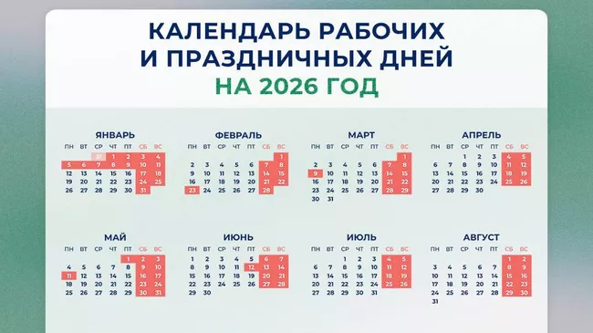 Календарь рабочих и праздничных дней на 2026-й год