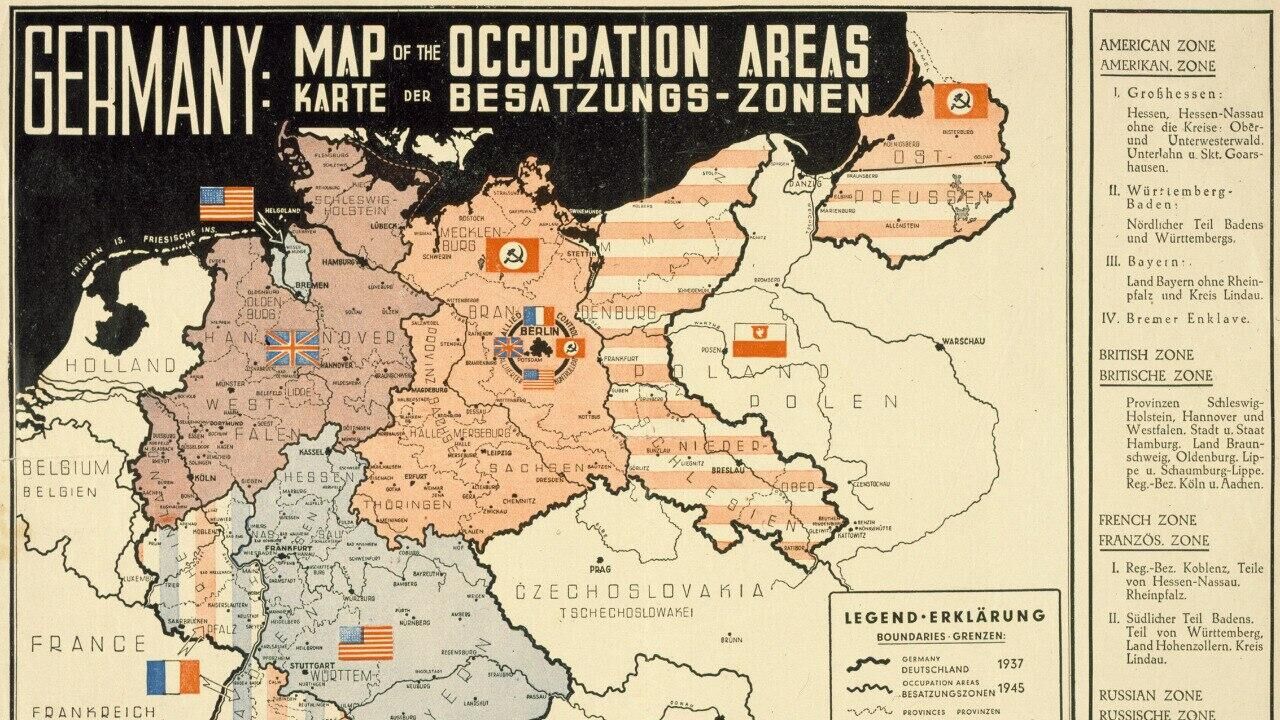 Карта послевоенного раздела Германии, опубликованная посольством Германии в Москве Карта послевоенного раздела Германии, опубликованная посольством Германии в Москве - РИА Новости, 1920, 08.07.2025