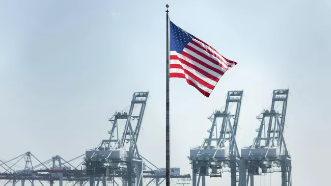 Флаг США на фоне кранов в порту Лос-Анджелеса