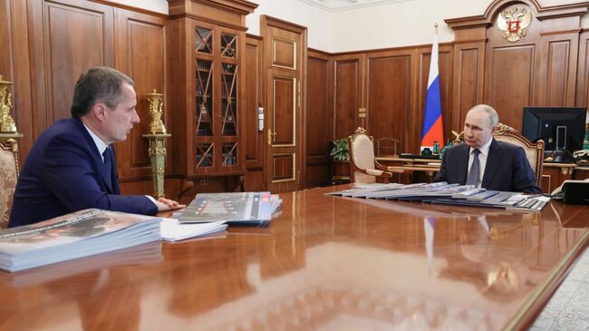 Президент РФ Владимир Путин и губернатор Белгородской области Вячеслав Гладков во время встречи
