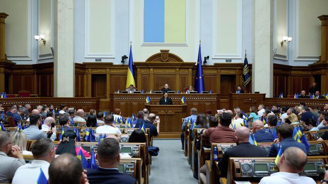 Новоизбранный премьер-министр Украины Юлия Свириденко выступает в сессионном зале парламента в Киеве