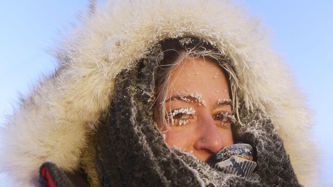 Туристка из Германии в Оймяконе. Температура опустилась до отметки минус 47 градусов по Цельсию