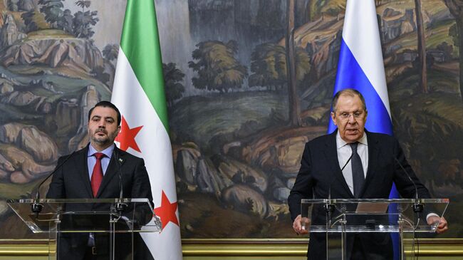 Министр иностранных дел России Сергей Лавров и глава МИД Сирии Асаад аш-Шибани на пресс-конференции по итогам встречи в Москве. 31 июля 2025