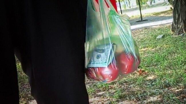 Пакет с яблоками, в котором лежат доллары 