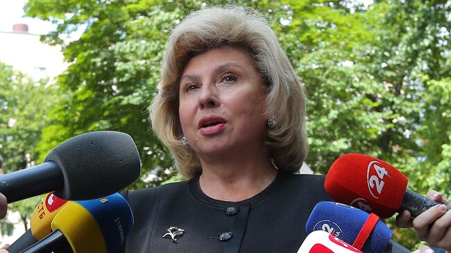 Уполномоченный по правам человека РФ Татьяна Москалькова в зале заседаний Подольского суда в Киеве. 15 июля 2019