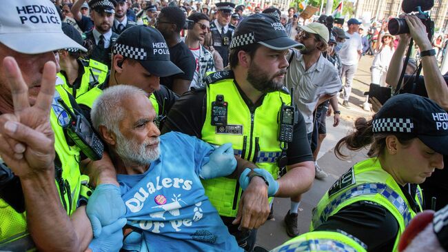 Задержание протестующего во время акции в поддержку запрещенной пропалестинской группы Palestine Action в Лондоне. 9 августа 2025