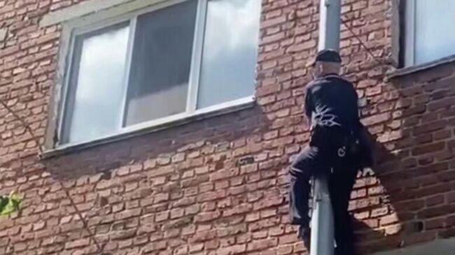 Сотрудник полиции Руслан Анюров забирается по водосточной трубе на третий этаж общежития в Чебоксарах. Кадр видео Сотрудник полиции Руслан Анюров забирается по водосточной трубе на третий этаж общежития в Чебоксарах. Кадр видео