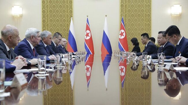 Председатель Государственной думы Вячеслав Володин и председатель президиума Верховного народного собрания КНДР Цой Рён Хэ во время встречи в Пхеньяне. 14 августа 2025