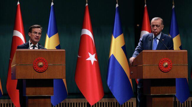 Президент Турции Реджеп Тайип Эрдоган и премьер-министр Швеции Ульф Кристерссон во время пресс-конференции в Анкаре, Турция. 8 ноября 2022