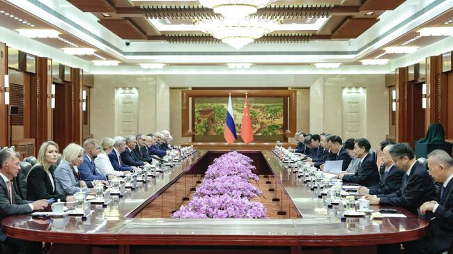 Председатель Государственной думы РФ Вячеслав Володин и председатель Постоянного комитета Всекитайского собрания народных представителей Чжао Лэцзи во время встречи в Пекине