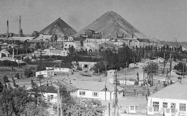 Вид на шахтерский поселок и угольные терриконы в Донбассе. Украинская ССР Вид на шахтерский поселок и угольные терриконы в Донбассе. Украинская ССР