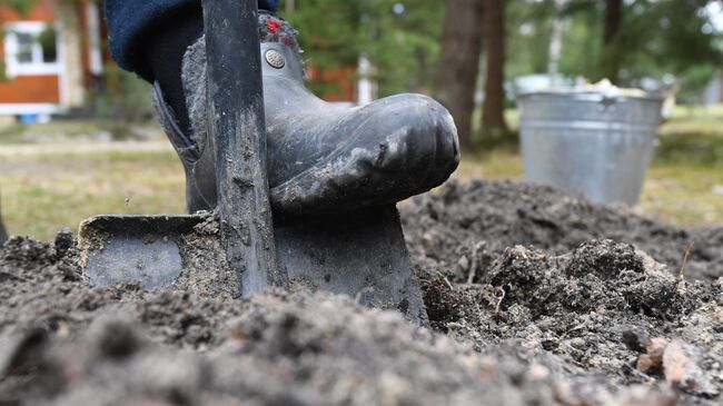Мужчина вскапывает грядку