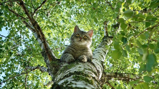 Кот, который забрался на верхушку березы в Серебряно-Прудском округе Подмосковья
