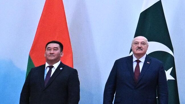 Директор Исполнительного комитета Региональной антитеррористической структуры ШОС Уларбек Шаршеев (слева) и президент Белоруссии Александр Лукашенко на саммите ШОС