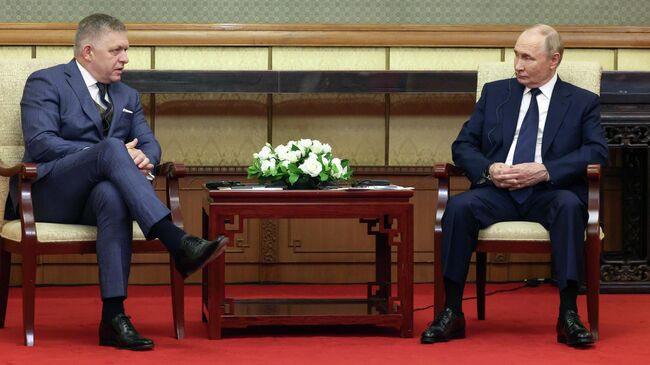 Президент РФ Владимир Путин и председатель правительства Словакии Роберт Фицо во время встречи в Пекине