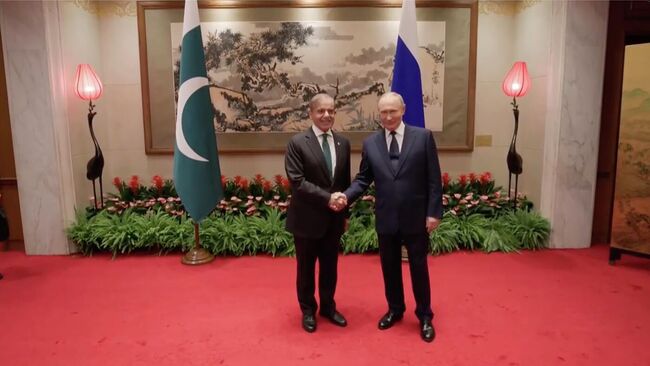 Владимир Путин во время встречи с премьер-министром Пакистана Шахбазом Шарифом в Пекине