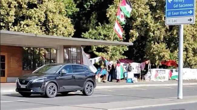 Участники акции протеста у здания Организации Объединенных Наций в Женеве. Кадр видео из соцсетей