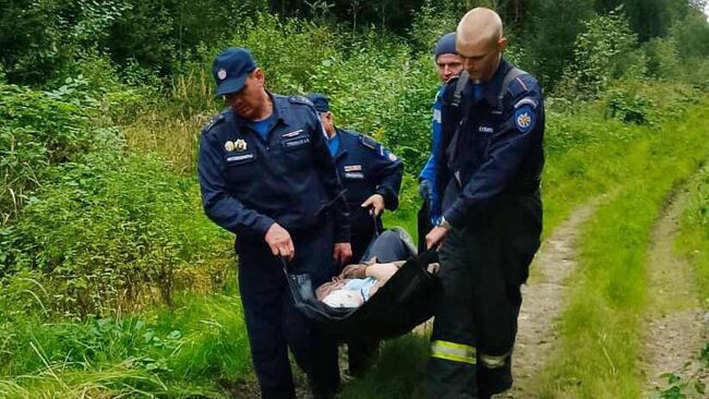 Спасатели несут 59-летнюю женщину, у которой произошел инсульт во время сбора грибов в Богородском городском округе
