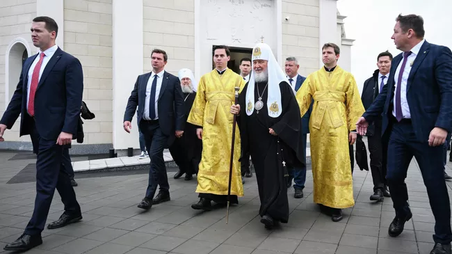 Патриарх Московский и всея Руси Кирилл после церемонии освящения храма имени Сергия Радонежского в Астане