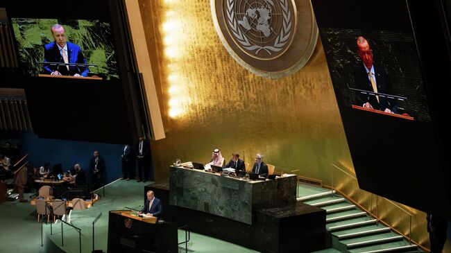 Выступление президента Турции Реджепа Тайипа Эрдогана на конференции по Палестине в рамках Генеральной Ассамблеи ООН. 22 сентября 2025