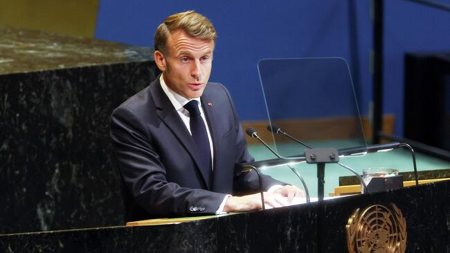 Президент Франции Эммануэль Макрон выступает на 80-й сессии Генеральной Ассамблеи ООН. 22 сентября 2025
