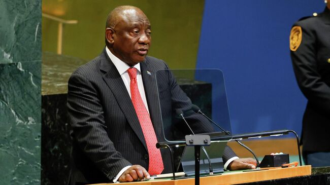 Президент ЮАР Сирил Рамафоса выступает на 80-й сессии Генеральной Ассамблеи ООН. 23 сентября 2025 Президент ЮАР Сирил Рамафоса выступает на 80-й сессии Генеральной Ассамблеи ООН. 23 сентября 2025