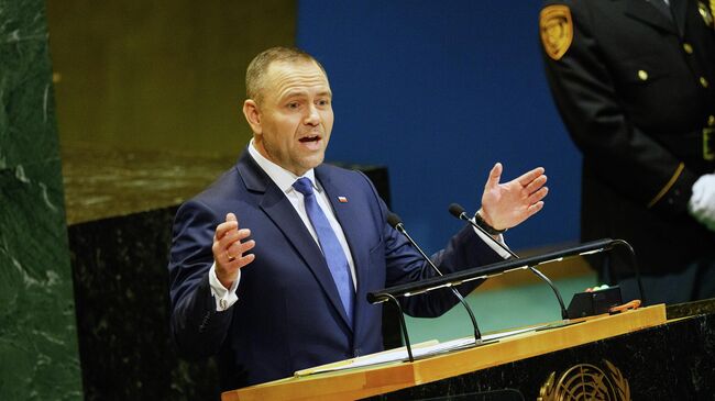 Президент Польши Кароль Навроцкий во время выступления на заседании Генассамблеи ООН. 23 сентября 2025