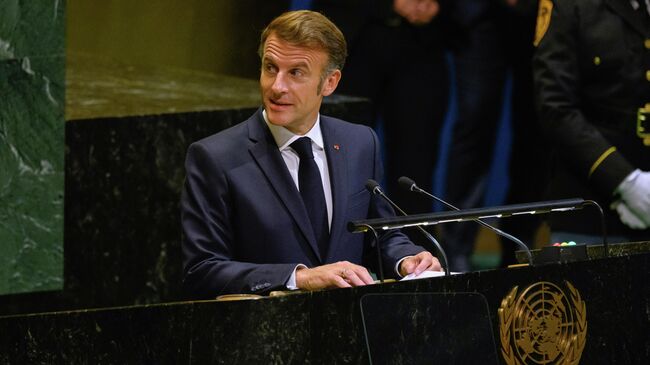 Президент Франции Эммануэль Макрон выступает на Генеральной Ассамблеи ООН