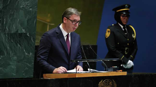 Президент Сербии Александр Вучич выступает на 80-й сессии Генеральной Ассамблеи Организации Объединенных Наций. 24 сентября 2025