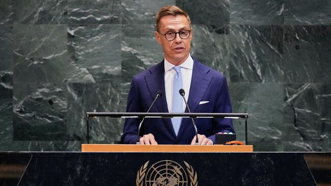 Президент Финляндии Александр Стубб выступает на 80-й сессии Генеральной Ассамблеи Организации Объединенных Наций. 24 сентября 2025