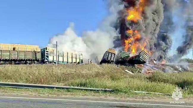 Сотрудники МЧС ликвидируют пожар на месте столкновения грузовика и товарного поезда в Смоленской области. Кадр видео