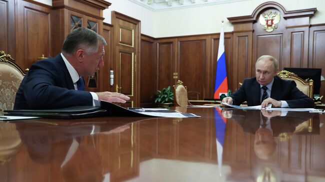 Президент Владимир Путин и заместитель председателя правительства Марат Хуснуллин во время встречи