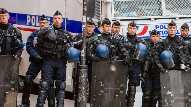 Полицейские во время столкновения с участниками марша граждан против насилия со стороны полиции и расизма в Париже