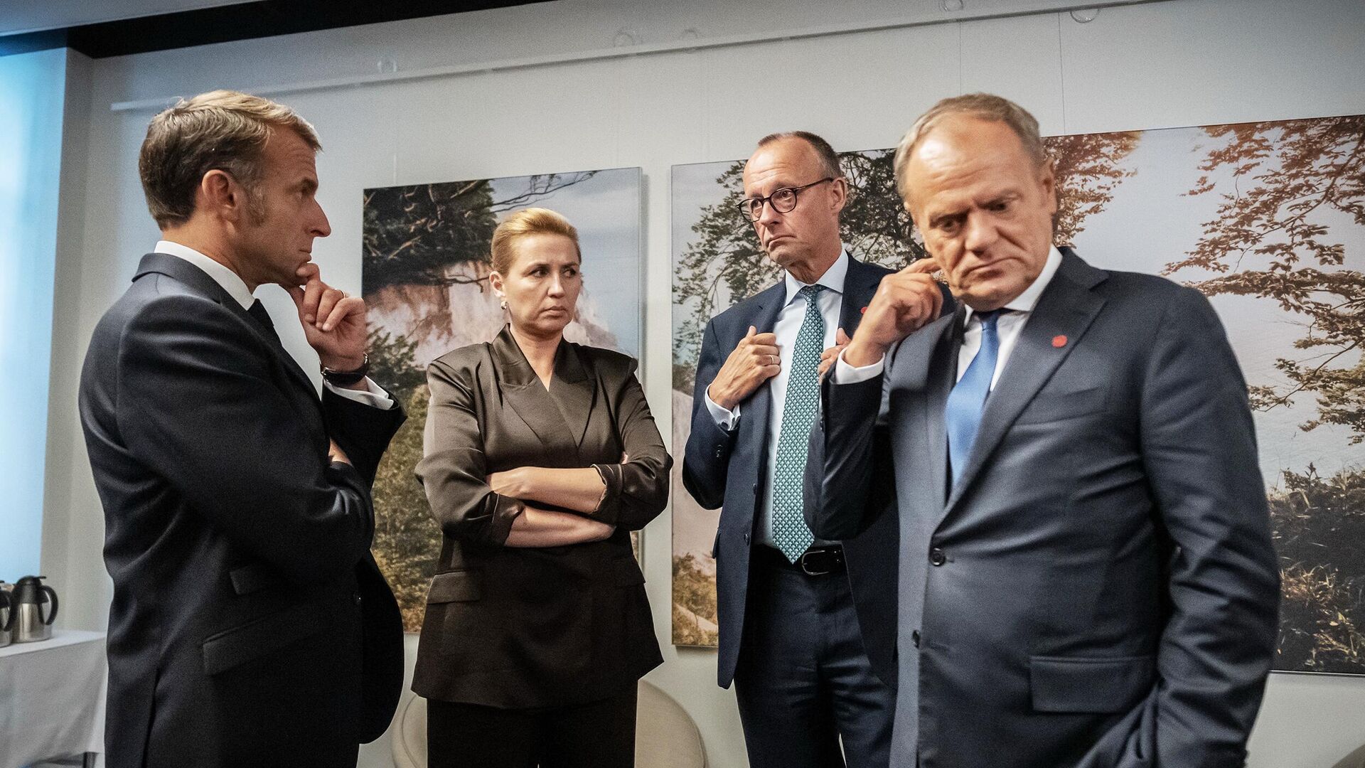 Президент Франции Эммануэль Макрон, премьер-министр Дании Метте Фредериксен, канцлер Германии Фридрих Мерц и премьер-министр Польши Дональд Туск перед началом заседания Контактной группы по Украине в рамках саммита Европейского политического сообщества в Копенгагене Президент Франции Эммануэль Макрон, премьер-министр Дании Метте Фредериксен, канцлер Германии Фридрих Мерц и премьер-министр Польши Дональд Туск перед началом заседания Контактной группы по Украине в рамках саммита Европейского политического сообщества в Копенгагене - РИА Новости, 1920, 04.10.2025